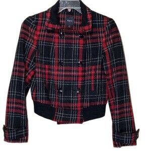 Express Bomber Jacket Red Black Plaid Tartan 2008 Button-Down Stretch SMALL